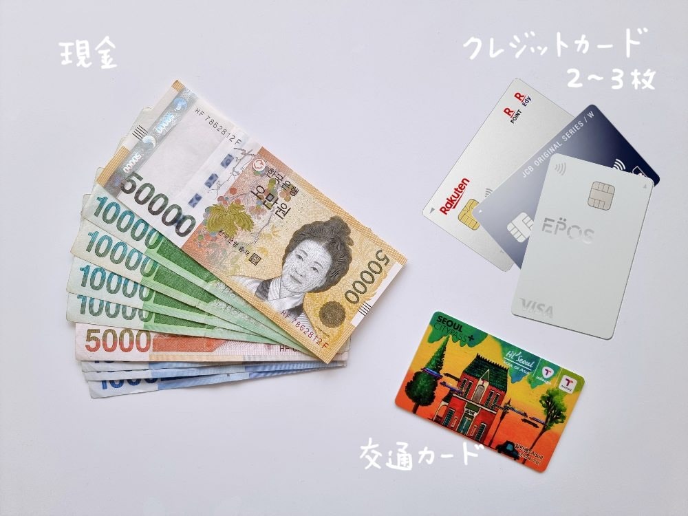 現金とクレジット、交通カードの写真